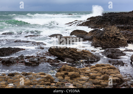L'état de la mer et les vagues se briser contre les roches de lave de basalte de la Chaussée des géants du nord de la côte d'Antrim en Irlande du Nord, Royaume-Uni Banque D'Images