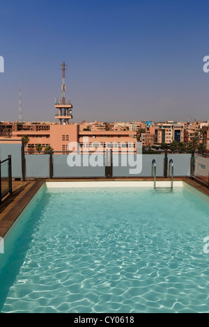 Piscine sur le toit d'un hotel à Marrakech, Marrakech-Tensift-El Haouz, Maroc, Maghreb, Afrique du Nord, Afrique Banque D'Images