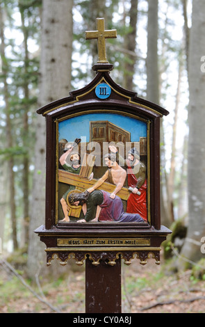 Chemin de Croix à Riederstein, III, STATION Jésus tombe pour la première fois, Tegernsee, le lac Tegernsee, Haute-Bavière Banque D'Images