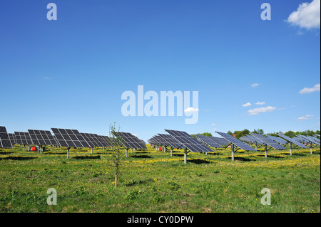 Grande installation photovoltaïque sur une prairie en fleurs, Oberruesselbach, Haute-Franconie, Bavière Banque D'Images