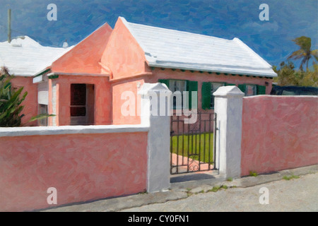 Un bermudien traditionnel accueil et jardin est entouré par un mur en stuc avec une grille métallique porte. Banque D'Images