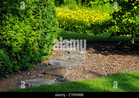 Pierre- formel et informel aux piétons menant au jardin naturalisés avec l'onagre, le Grand Sudbury, Ontario, Canada Banque D'Images