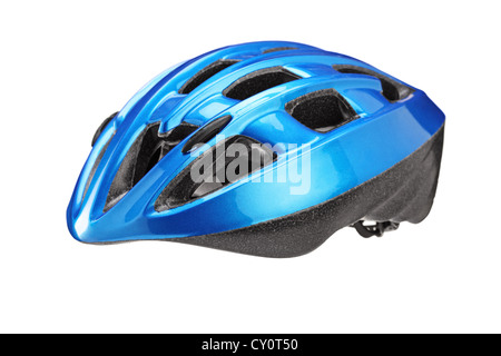 Un portrait d'un casque bleu pour cycliste isolé sur fond blanc Banque D'Images