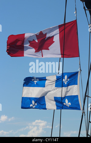 Le Canada et le Québec d'un drapeau dans le vent, ciel bleu Banque D'Images