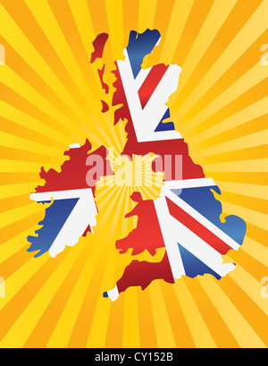 Angleterre Union Jack Flag dans la carte Silhouette aux rayons du soleil Illustration d'arrière-plan Banque D'Images