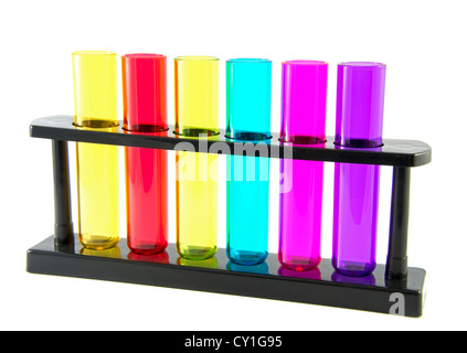 Tubes en verre vide en rose jaune rouge et bleu isolated on white Banque D'Images