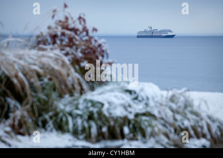 Le MS Eurodam bateau de croisière voiles dans le fleuve Saint-Laurent sur un matin neigeux et brumeux en face de Les Escoumins et Essipit Banque D'Images