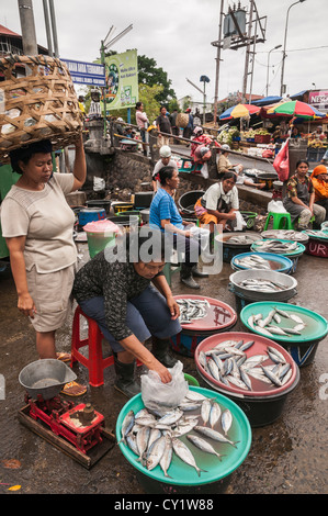 Femme vendant du poisson, au marché Pasar Badung à Denpasar, Bali, Indonésie Banque D'Images