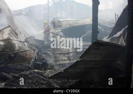 Un pompier au milieu des débris d'un bâtiment effondré dans un incendie Banque D'Images