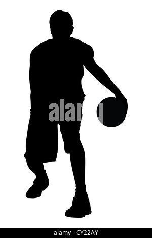 La silhouette d'un joueur de basket-ball avec une balle isolé sur fond blanc Banque D'Images