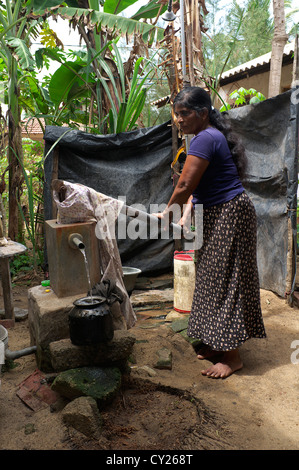 Femme adulte de Waikkal village, obtenir de l'eau d'un puits d'eau à l'aide d'une ancienne pompe à main, Waikkal Village, Sri Lanka, Banque D'Images