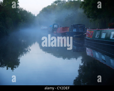 Matin brumeux sur le Grand Union Canal, Rickmansworth. Narrowboats sont amarrés le long du chemin de halage. Banque D'Images