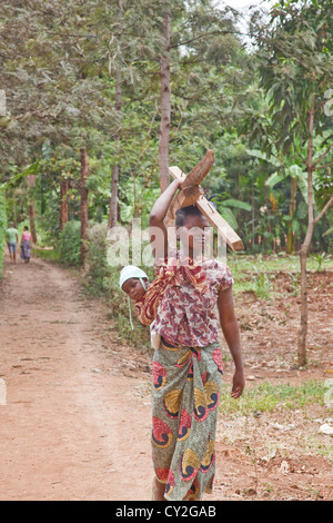 Femme et enfant de retour carrying lumber sur sa tête dans les régions rurales d'Afrique, Tanzanie;Afrique de l'Est Banque D'Images