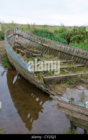 L'épave de bateau en bois construit à clins, sur les zones côtières saltmarsh, North Norfolk, Angleterre Banque D'Images