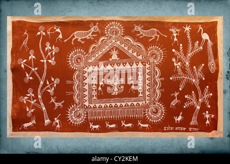 Peinture murale Warli, artisanat, Maharashtra, Inde Banque D'Images