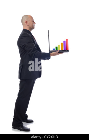 Man presenting coffre tableau de croissance en vue de côté sur fond blanc Banque D'Images
