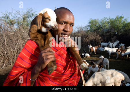 Dans Kenyafarming tribu Maasai, ferme, agriculture, chèvre, chèvre, mouton, animal, troupeau, Herder, l'élevage Banque D'Images