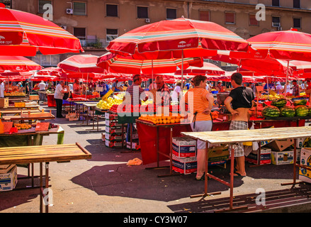 L'ombre des parasols rouges à produire le marché du dimanche à Dolac Square Zagreb Banque D'Images