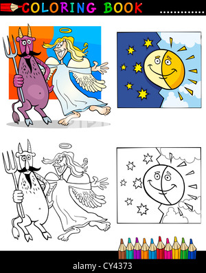 Livre de coloriage ou une page de bande dessinée de vulgarisation du diable et ange avec soleil et lune Personnages Banque D'Images