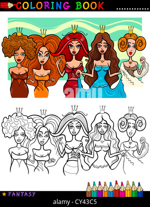 Livre de coloriage ou une page de bande dessinée de vulgarisation de cinq personnages de conte ou reines Princesses Banque D'Images