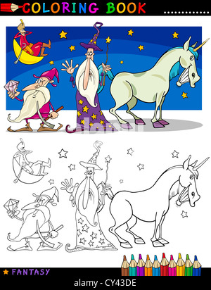 Livre de coloriage ou une page de bande dessinée de vulgarisation de l'assistant et l'Unicorn et personnages de conte Banque D'Images