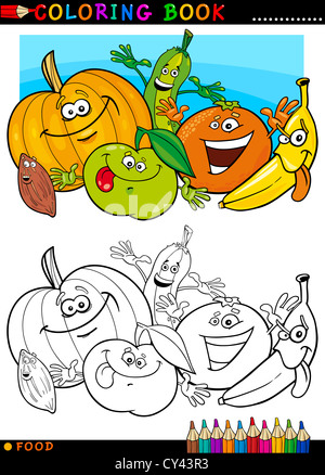 Livre de coloriage ou une page de bande dessinée de vulgarisation des caractères de nourriture drôle de fruits et légumes pour l'éducation des enfants Banque D'Images
