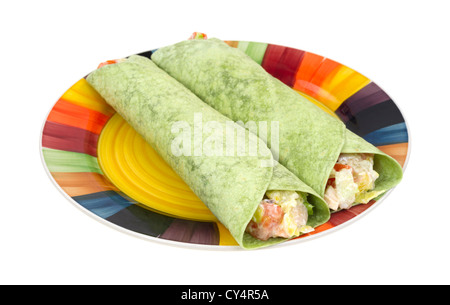 Deux des épinards salade de poulet roulés sur un plat très coloré. Banque D'Images