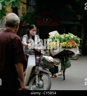 Marchande de fleurs dans la vieille ville de Hanoï au Vietnam en Extrême-Orient asie du sud-est. vie en ville l'occupation travail vie voyage photojournalisme reportage Banque D'Images