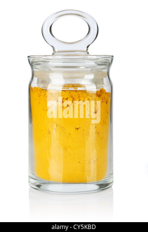 Curcuma dans le flacon en verre isolé sur fond blanc Banque D'Images
