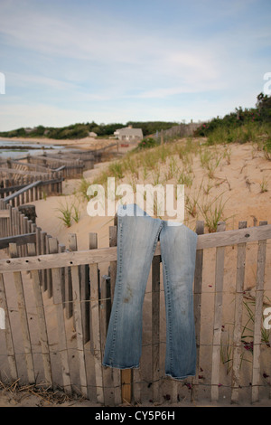 Séchage Jeans sur une clôture sur Breakwater Beach, Brewster, Cape Cod, Massachusetts Banque D'Images