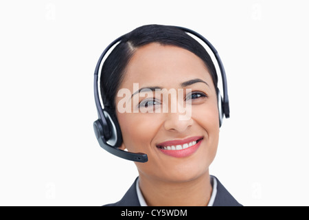 Close up of smiling agent de centre d'appels Banque D'Images