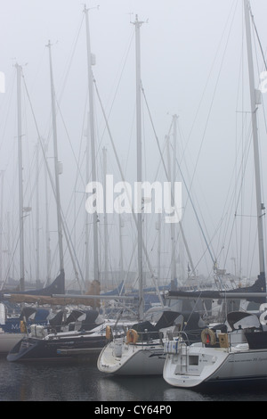 Shotley Marina, Suffolk, UK - l'automne le plus lourd enregistré brouillard au cours des 5 dernières années dans ce domaine apporte à une saison de voile fermer Banque D'Images