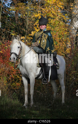 De hussard prussien (hunter) pendant une reconstitution de la bataille de Leipzig ou Bataille des Nations 1813 à Leipzig, Allemagne. Banque D'Images