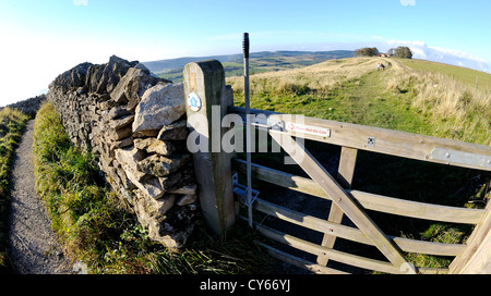 La porte en bois fermée et verrouillée en pierre sèche mur sur un sentier public dans le Yorkshire Moors près de Sutton Bank Banque D'Images