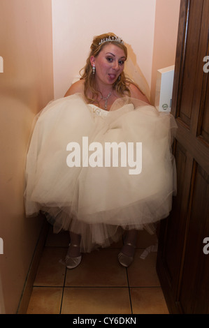 Parution du modèle - quirky shot d'une mariée assise sur des toilettes à un mariage Banque D'Images