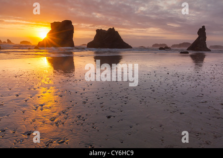 Parc d'état de Bandon, Oregon : réflexions Coucher de soleil à marée basse avec la silhouette du seastacks à Bandon Beach Banque D'Images