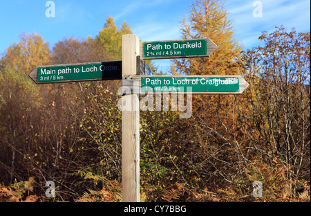 Les panneaux de sentiers de promenade dans le Atholl Estates près de Dunkeld dans le Perthshire en Écosse Banque D'Images