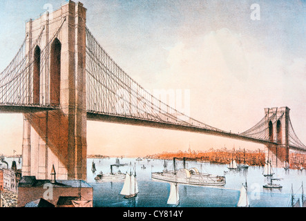 Pont de Brooklyn, Currier & Ives, lithographie, vers 1881 Banque D'Images