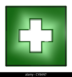 Carré vert avec croix isolé sur blanc. Banque D'Images
