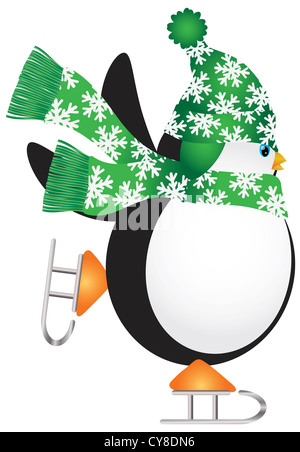 Pingouin de Noël avec bonnet et écharpe vert Illustration Patinage sur glace Banque D'Images