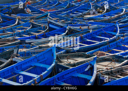 Rangées de bateaux bleu à Skala du port, Essaouira, Maroc Banque D'Images