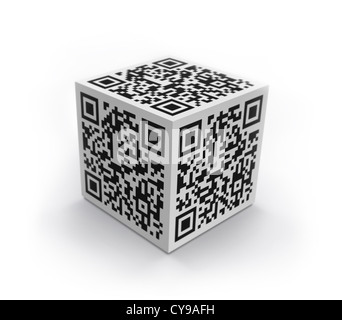 Cube 3D avec QR code image conceptuelle. Isolé sur blanc. Banque D'Images
