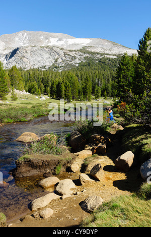 Lac du bassin de la mono pour Yosemite, la Route 120 - La rivière Tuolumne meadows et. Crest Kuna montagnes au-delà. Banque D'Images