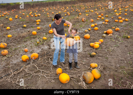 Mère et fille ramasser des citrouilles, l'autocueillette farm dans le nord de New York, Mohawk Valley Banque D'Images