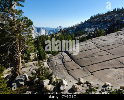 Lac du bassin de la mono pour Yosemite, la Route 120 - Olmstead Point. Lapiez avec demi dôme au-delà. Banque D'Images