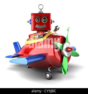 Happy vintage toy robot assis dans un avion de jouet sur fond blanc Banque D'Images