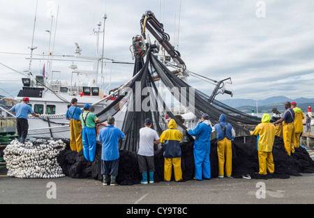 Crew avec des filets de pêche dans le port de Santoña, Cantabria, ESPAGNE Banque D'Images