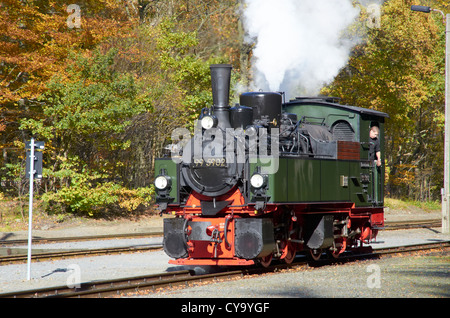 Harzer Schmalspurbahnen train à vapeur du patrimoine s'exécute à tour Eisfelder Talmühle. Loco Mallet 995902 construit en 1898. Banque D'Images