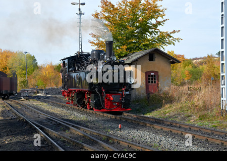 Harzer Schmalspurbahnen loco vapeur du patrimoine à Gernrode versé sur la ligne Selketalbahn. Mallet 0-4-4-0T réservoir du moteur 995901 Banque D'Images