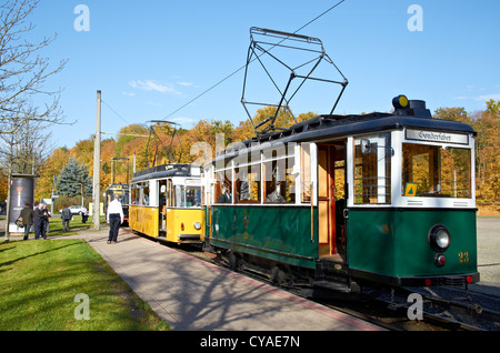 Voitures de tramway du patrimoine à Nordhausen, Sachsen-Anhalt - Région du Harz de l'Allemagne Banque D'Images